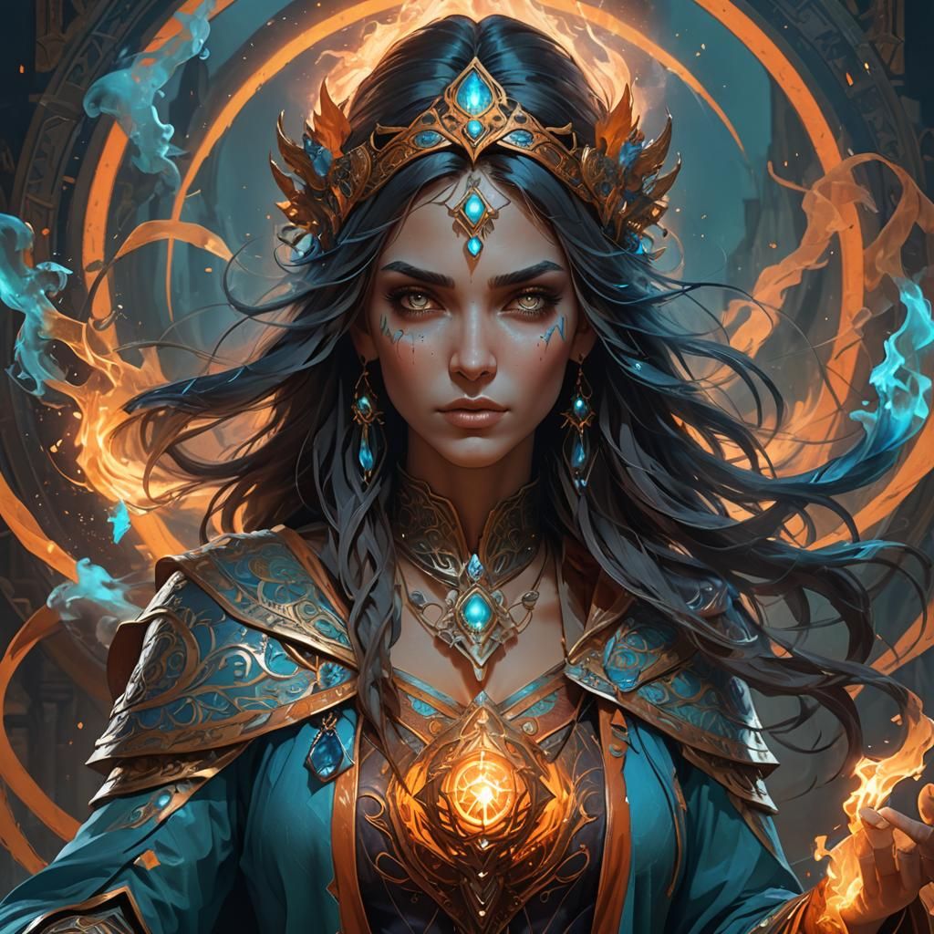 Defiant Sorceress with Arcane Smoke, Art Nouveau Style