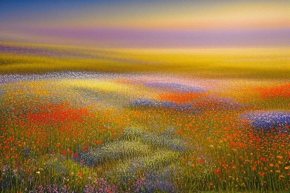 Ethereal Misty Wildflower Field in Oil Painting