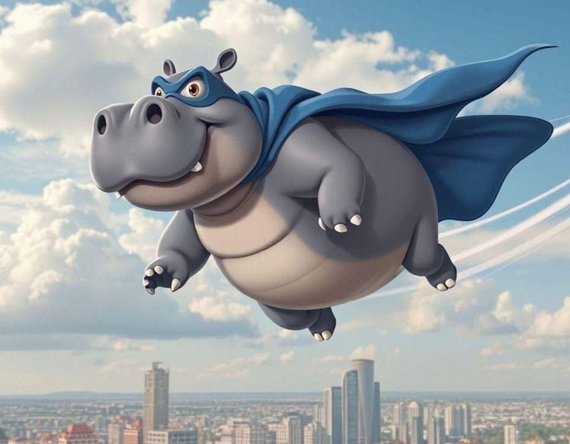 Happy Gray Superhero Hippo Soars Through the Sky