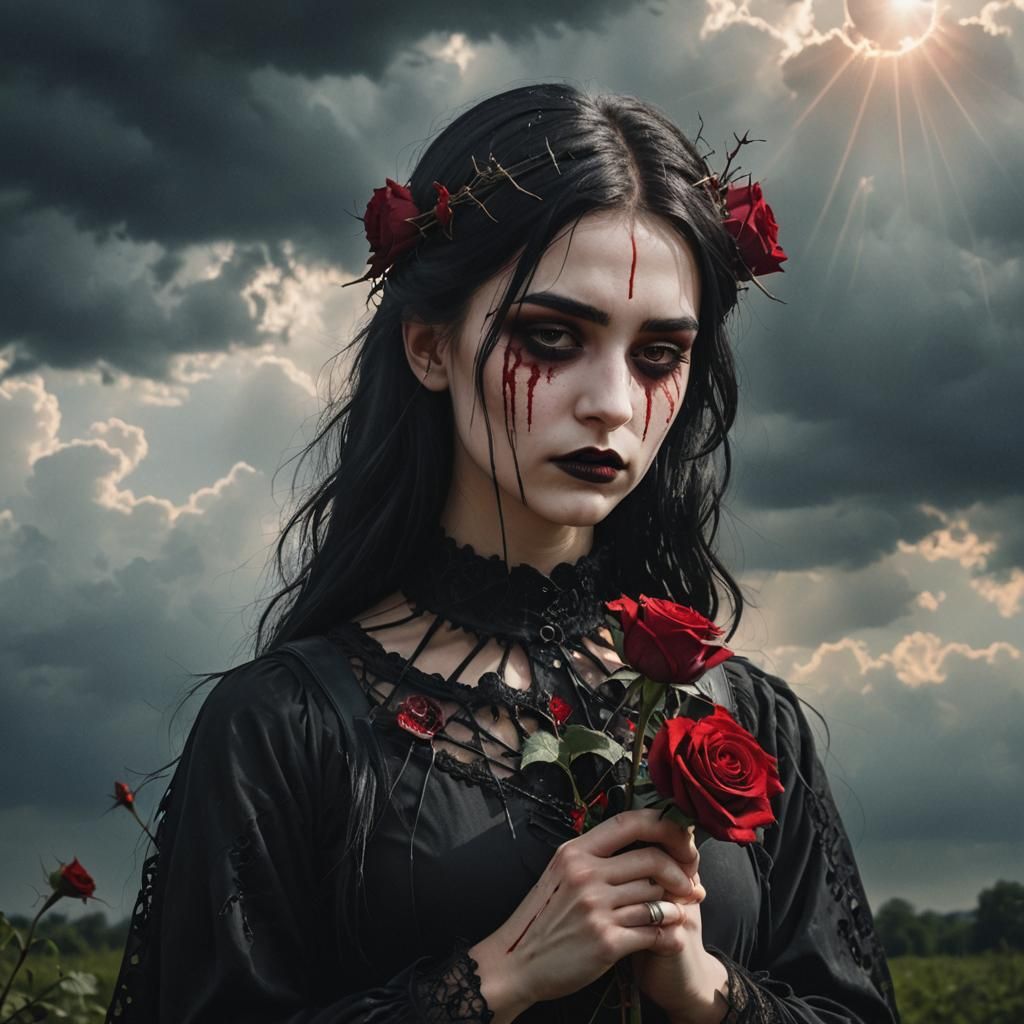 Gothic Girl with Blood Rose in Divine Light