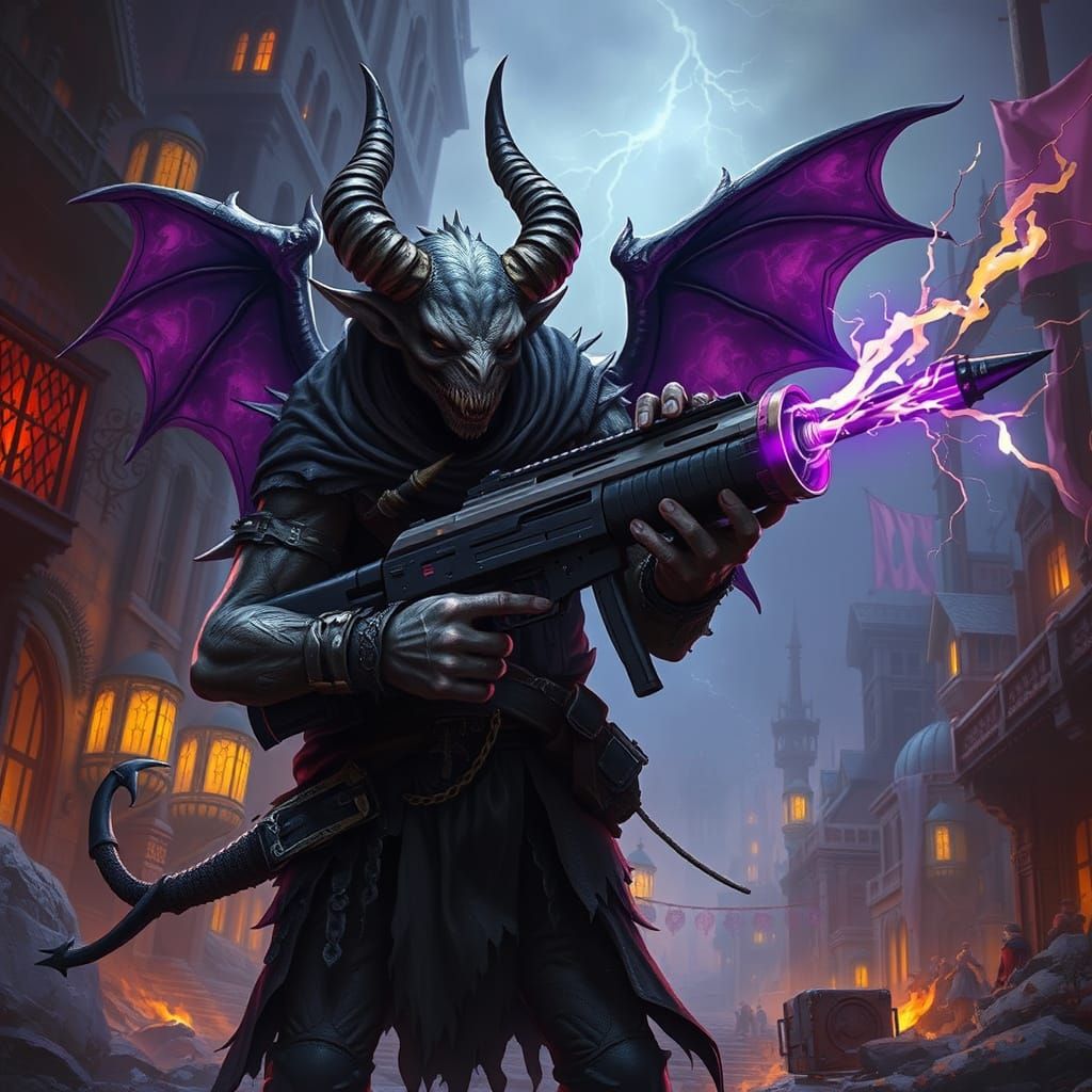 Babau Demon with Lightning Gun in Dark Fantasy Style
