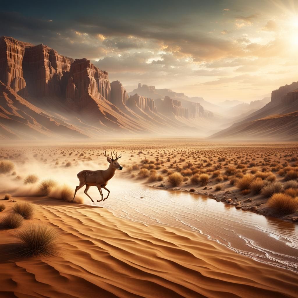 Deer's Desert Thirst: A Biblical Style Painting