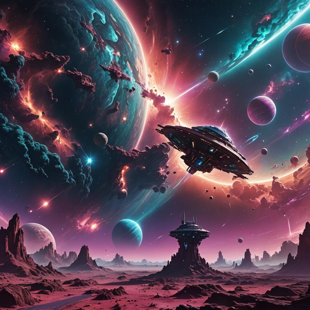 Nebula and Spaceship in Cosmic Landscape Concept Art