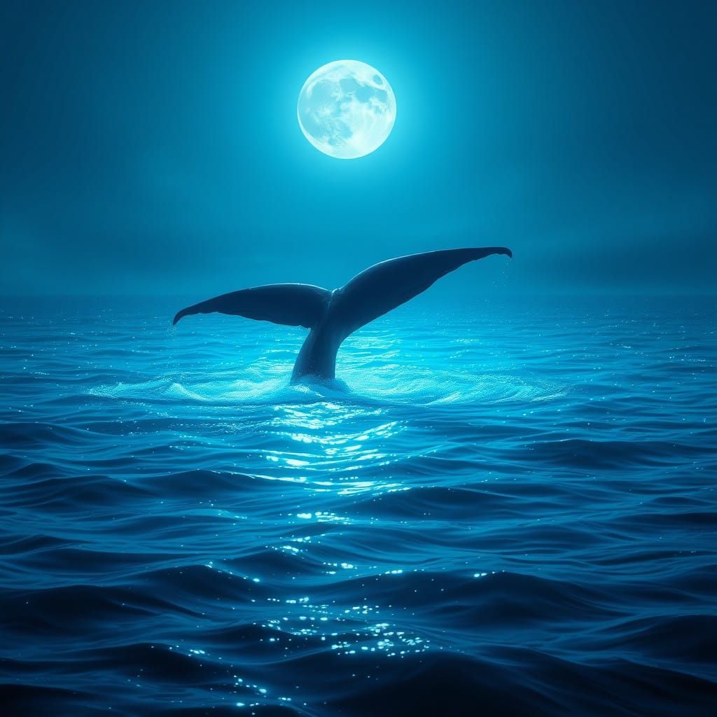 Moonlit Whale Dance in a Dreamlike Ocean Scene