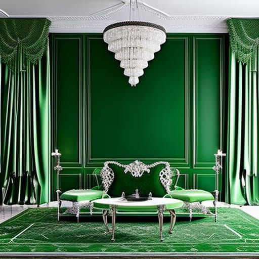 Gothic penthouse with Emerald green walls& huge ethereal gothic windows with sliver curtains& Green crystal chandelier& ...