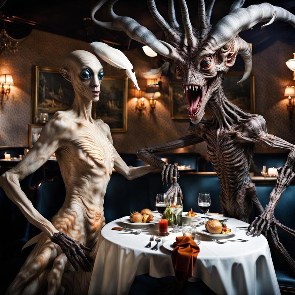 Surreal Restaurant Scene with Exotic Aliens