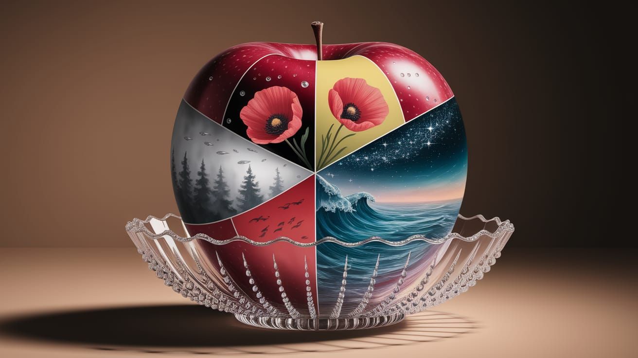Crimson Apple on Sectored Glass Dish, Vibrant Illustrations