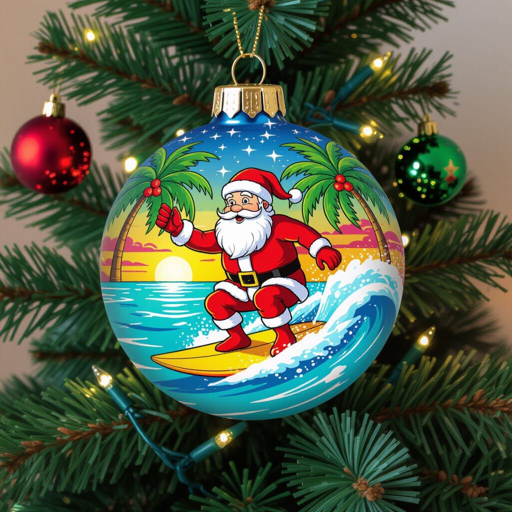 Santa Surfing Christmas Ball, Underground Comix Style