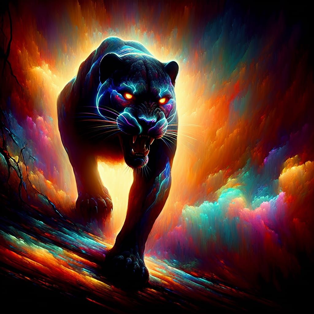 Rainbow Panther in Ominous Posture: Digital Art