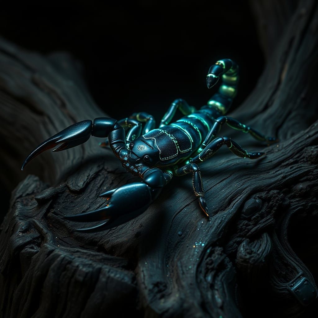 Bioluminescent Scorpion on Ancient Tree Stump Digital Painti...