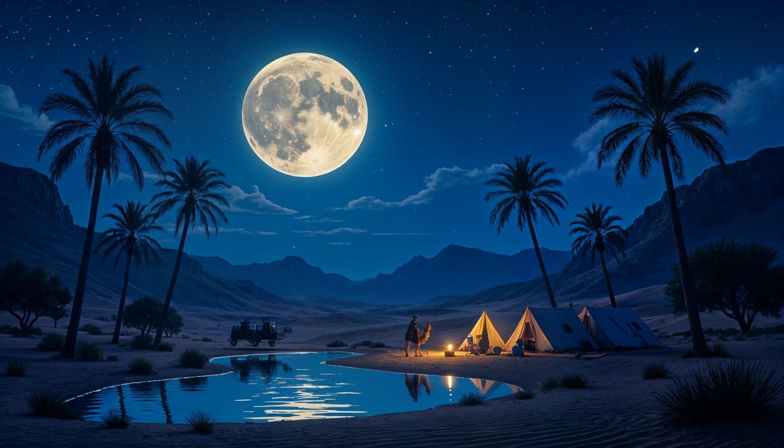 Desert Oasis Caravan Rests Under Full Moon