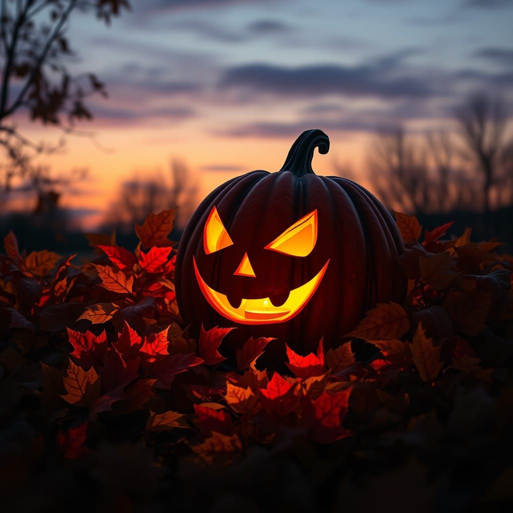 Halloween Jack-O'-Lantern in Autumn Twilight