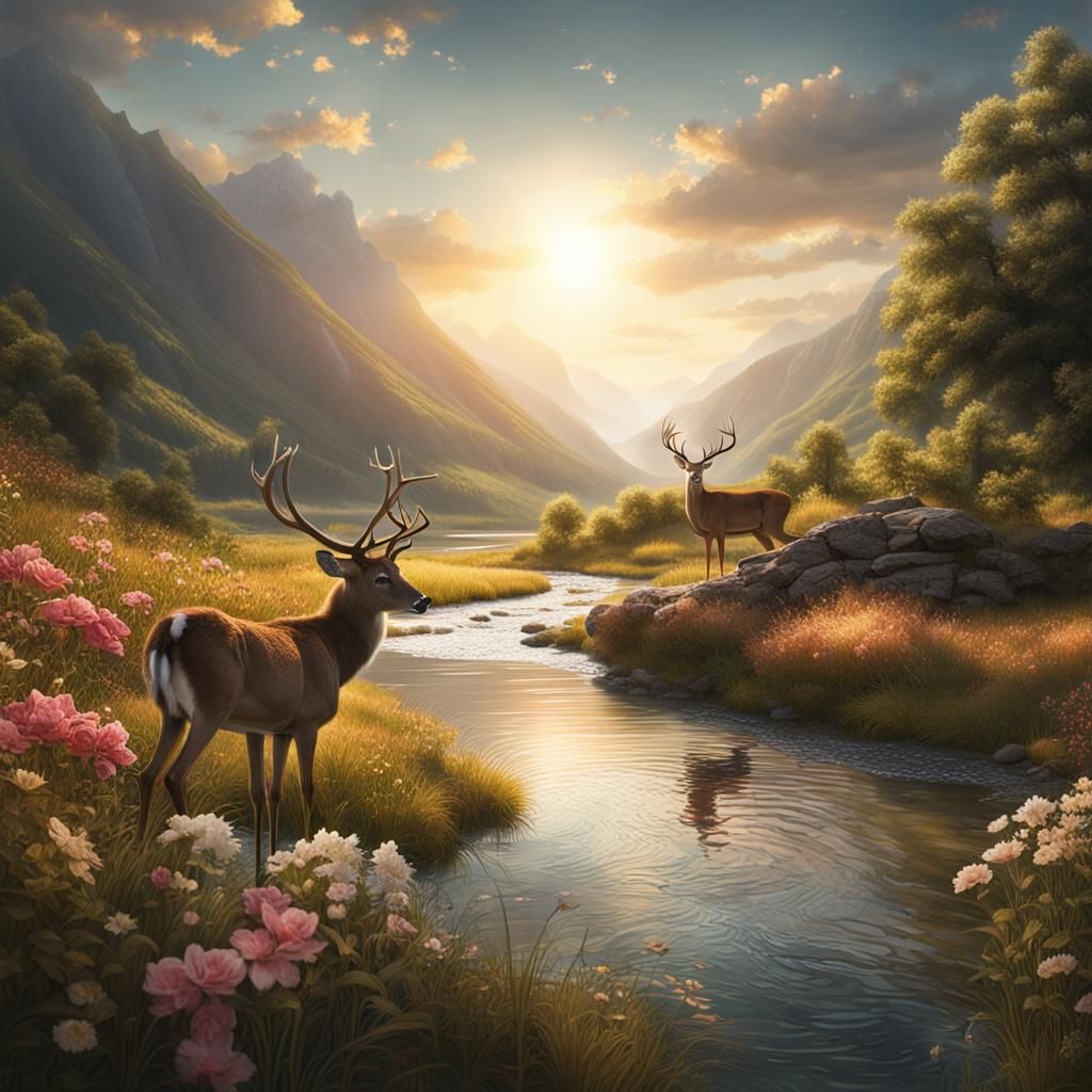 Mountain River Scene with Deer in Summer
