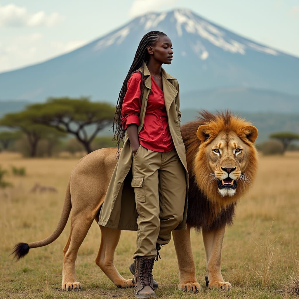 African Woman and Lion Vogue Photo on Savannah