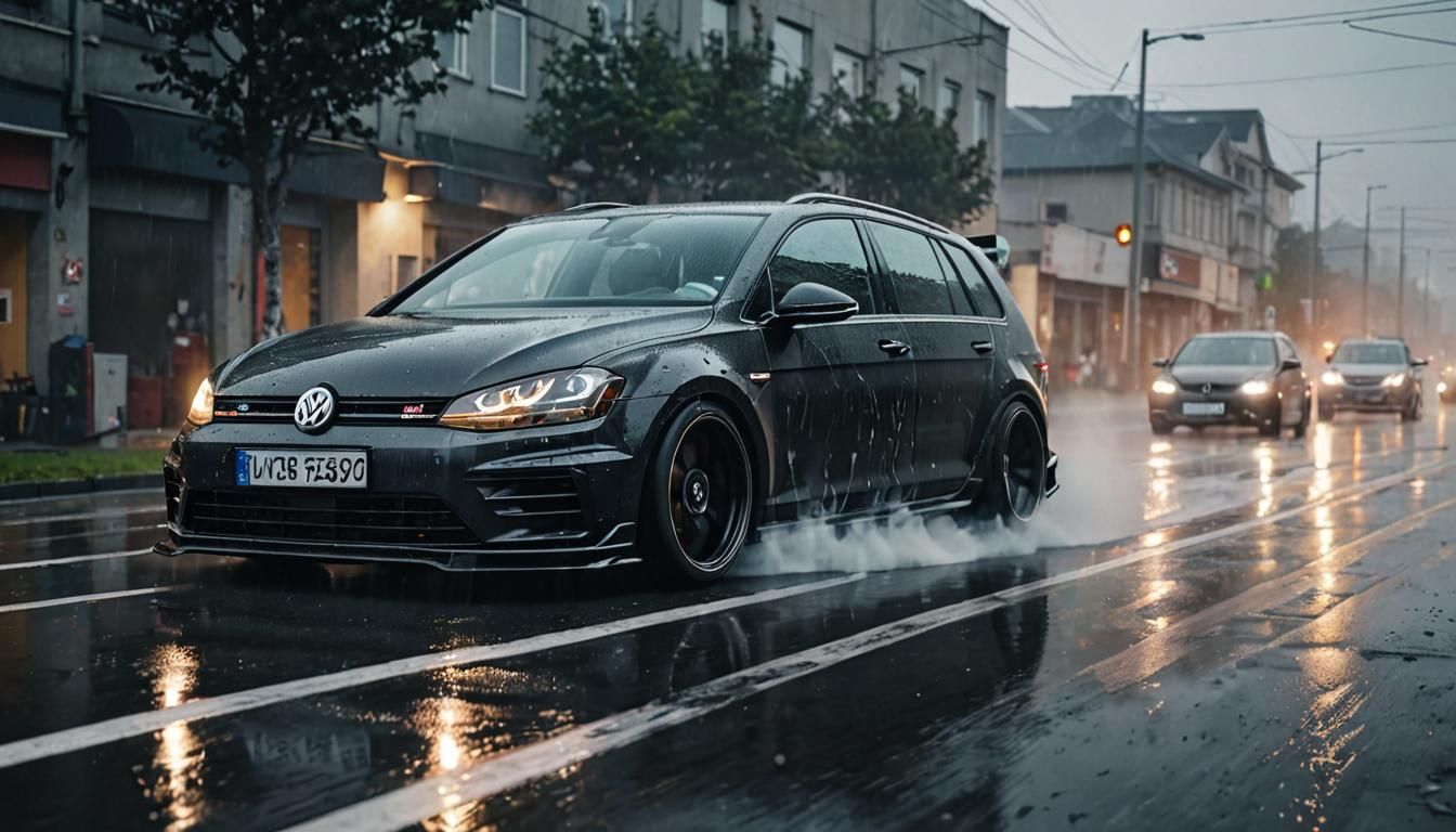 Black VW Golf 7R Drifting on Rainy Highway