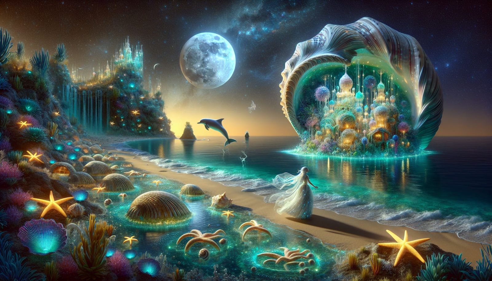 Enchanted Beach Scene at Moonrise, Whimsical Fantasy Landsca...