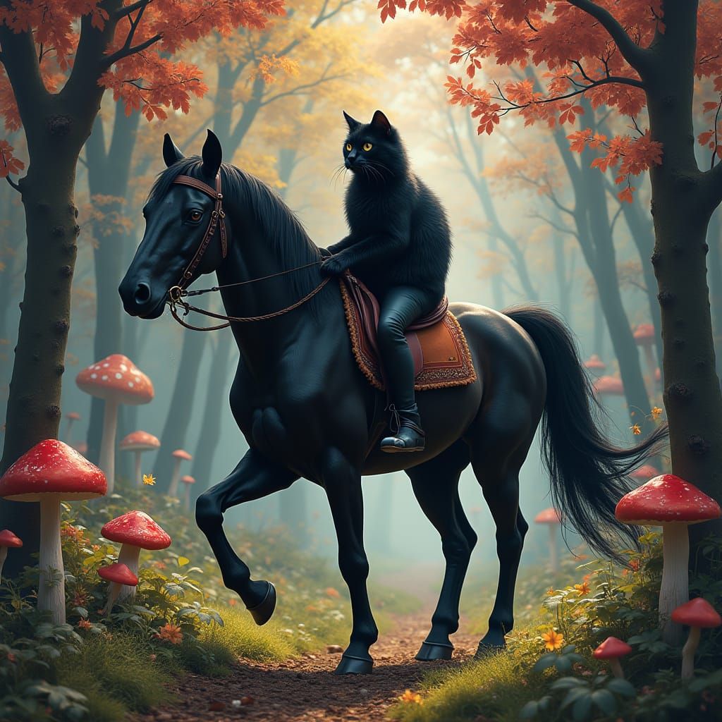 Black Cat and Stallion in a Wonderland Forest