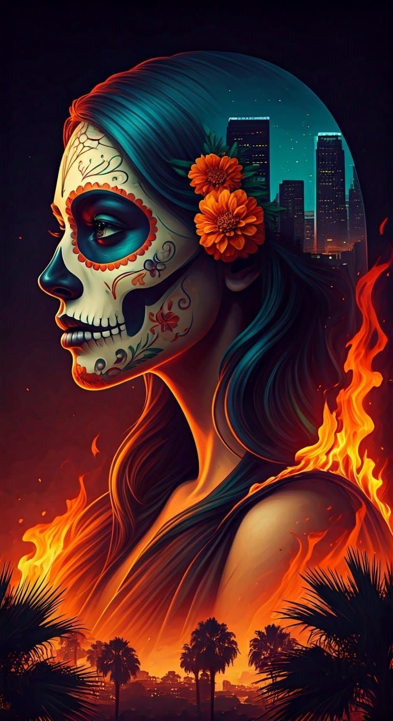 Day of the Dead Goddess Warrior in a Burning Cityscape