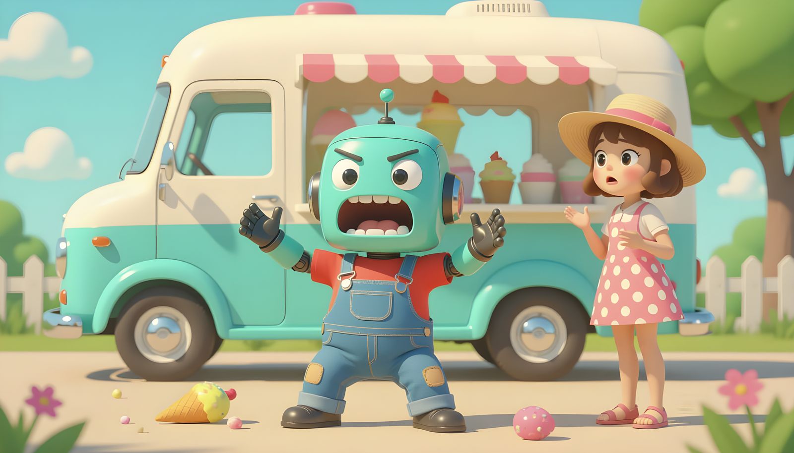 Robot Tantrum at Ice Cream Truck, Childish Pastel Art