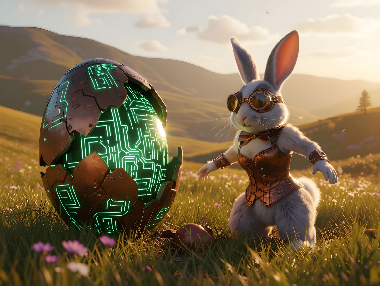 Hyperrealistic Easter Bunny Escapes in Biopunk Landscape