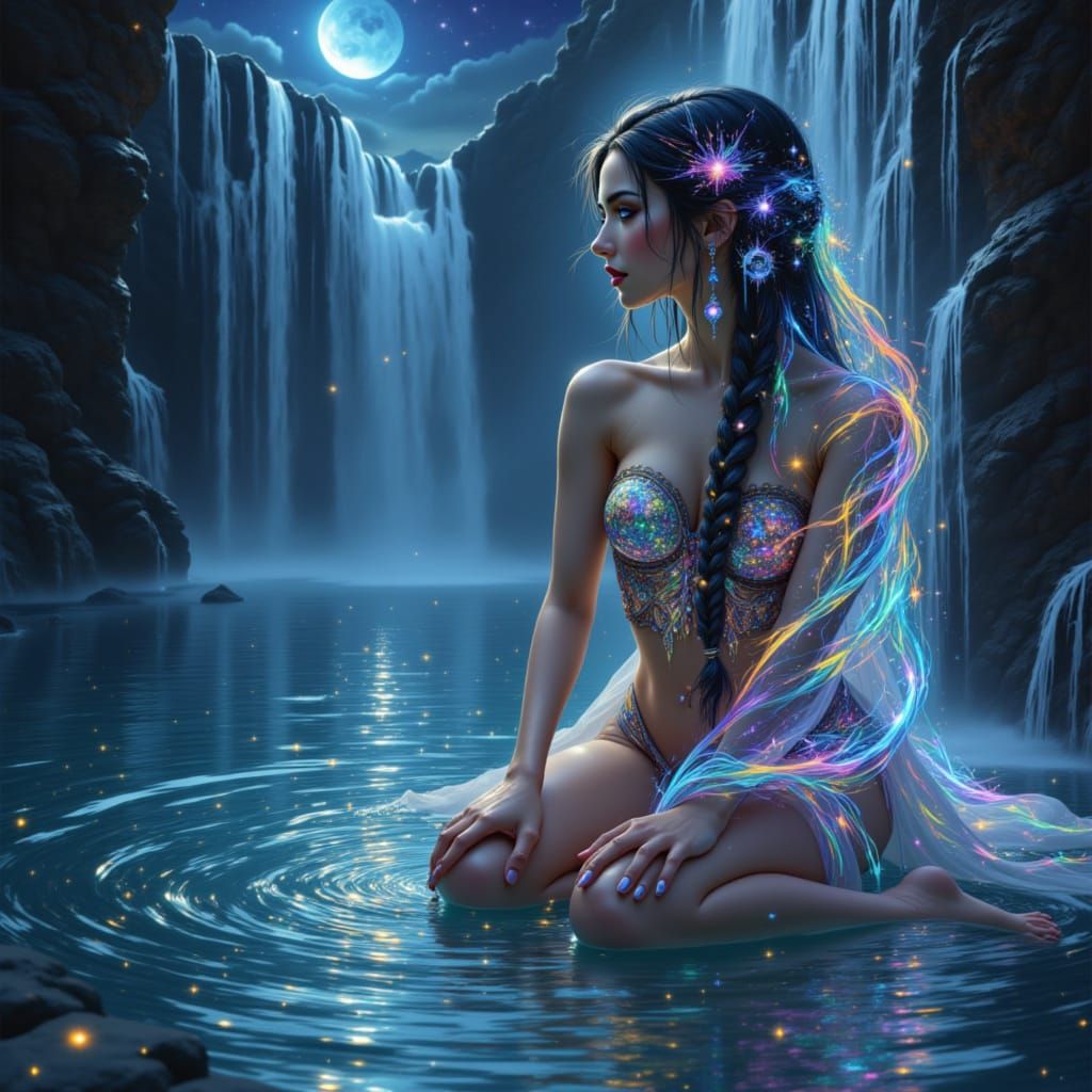 Braided Goddess Beneath Waterfall in Hyperrealistic Style