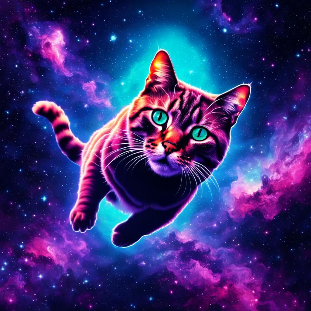 Cat Floating in Space with Retro Synthwave Style