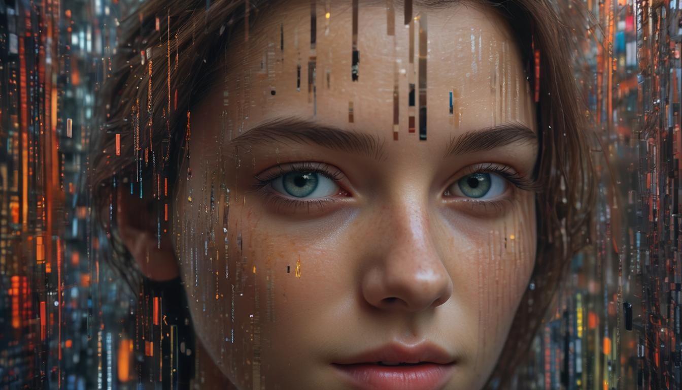 Glitch Art Portrait with Binary Code in Oil Painting Style