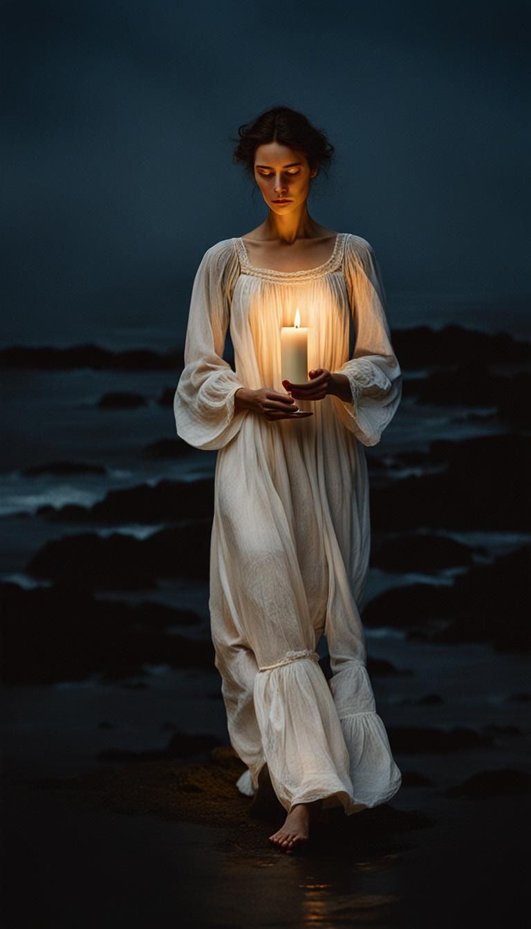 Ethereal Woman Strolls Seaside Under Moonlight in Impression...