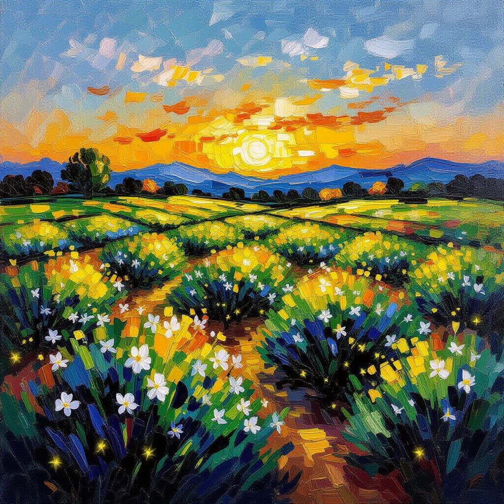 Jasmine Field at Dusk with Fireflies