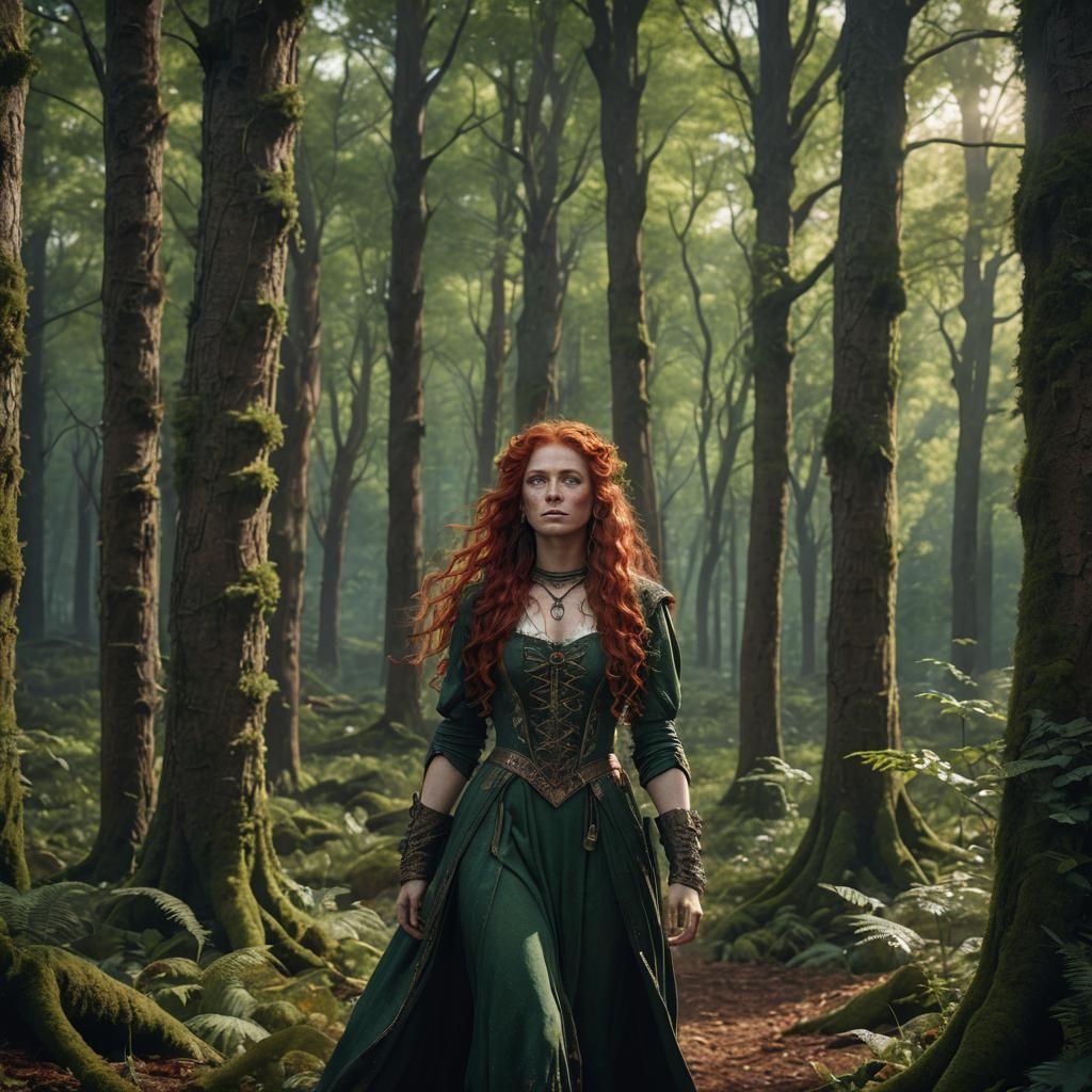 Crimson-Haired Beauty in a Fantastical Forest
