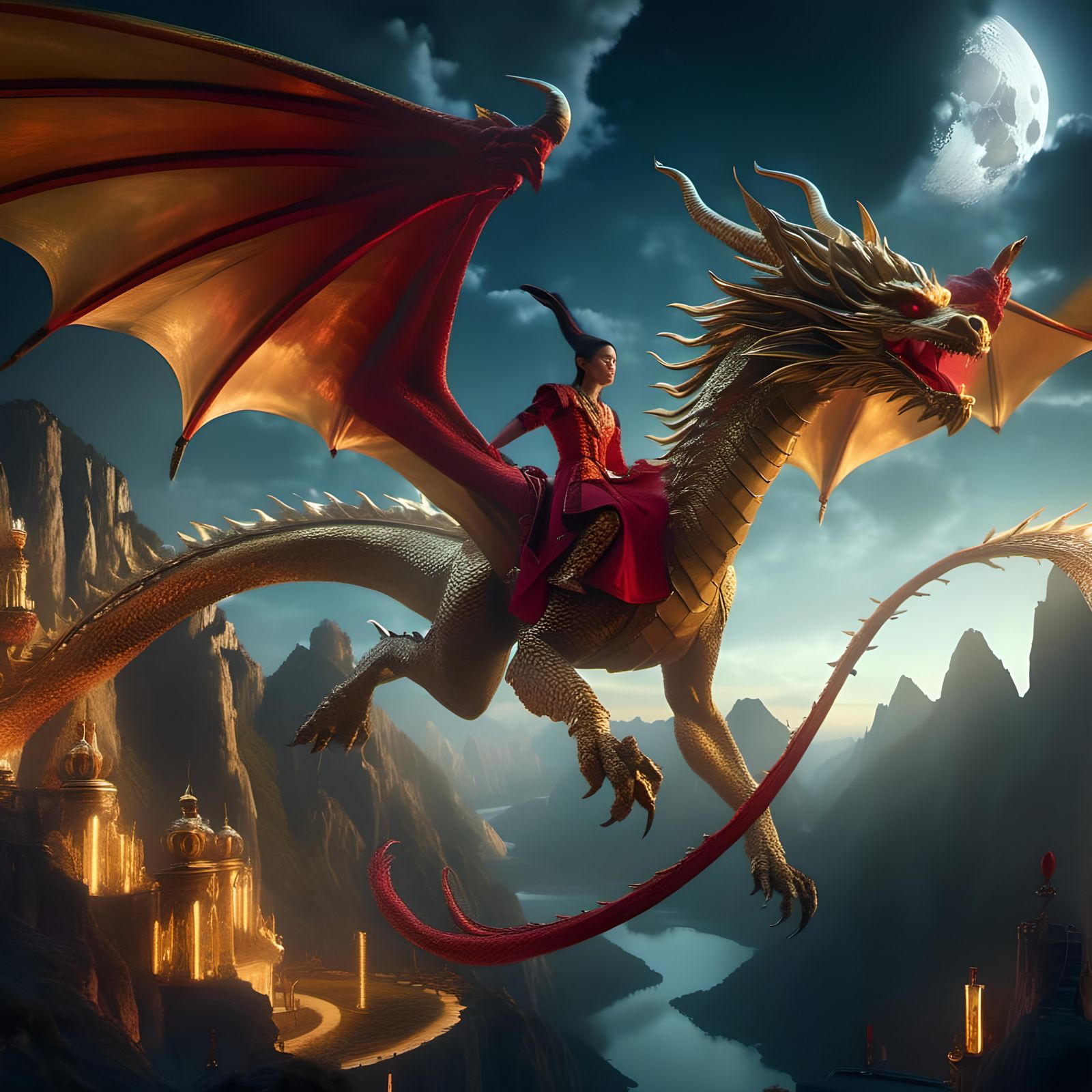 Red Demon on Golden Dragon Soaring at Night