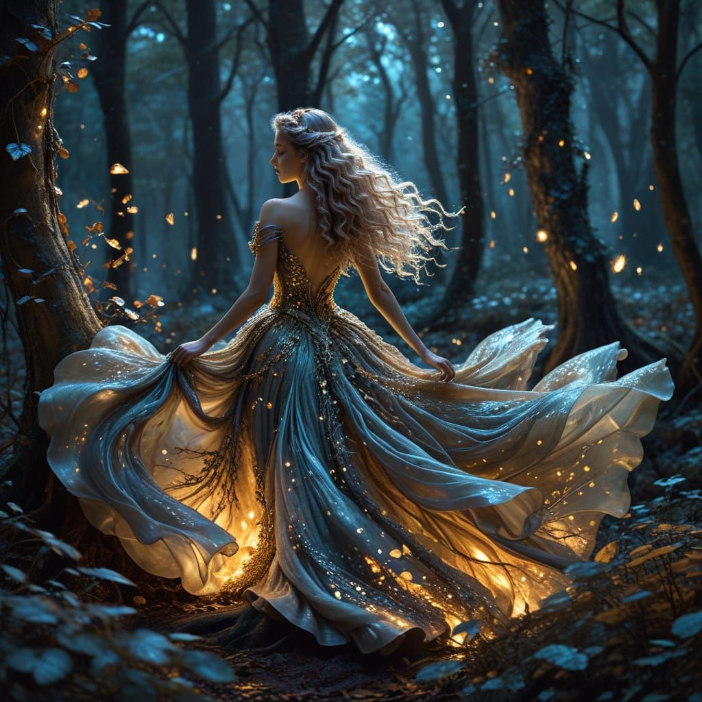 Ethereal Woman in Bioluminescent Forest, Romantic Illustrati...