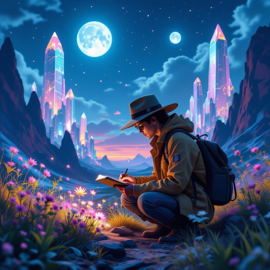 Botanist Studies Alien Flora on Bioluminescent Planet