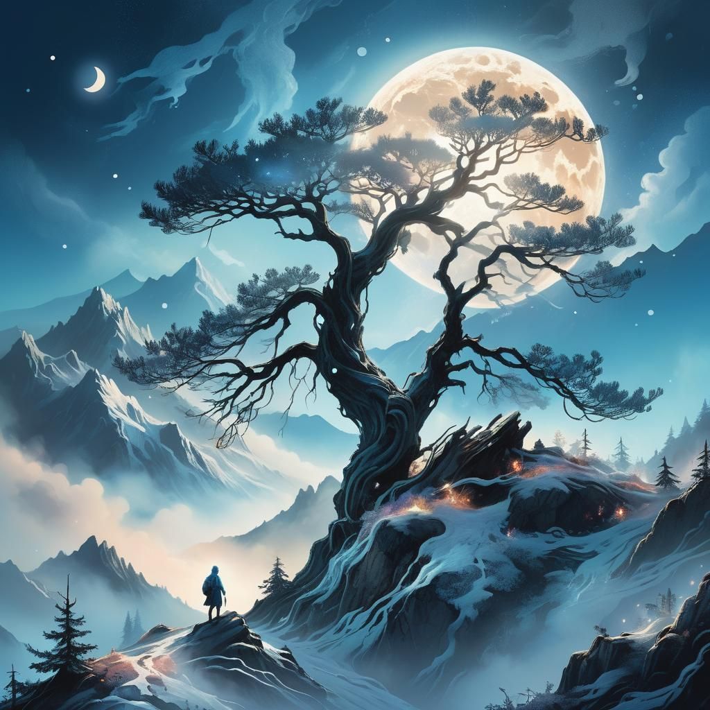 Ethereal Mountain Ascent: Fantasy Illustration in Charcoal S...