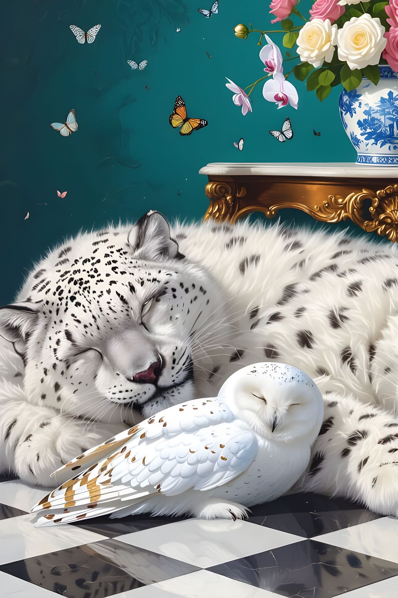 Regal Snowy Owl Naps Beside Giant Snow Leopard