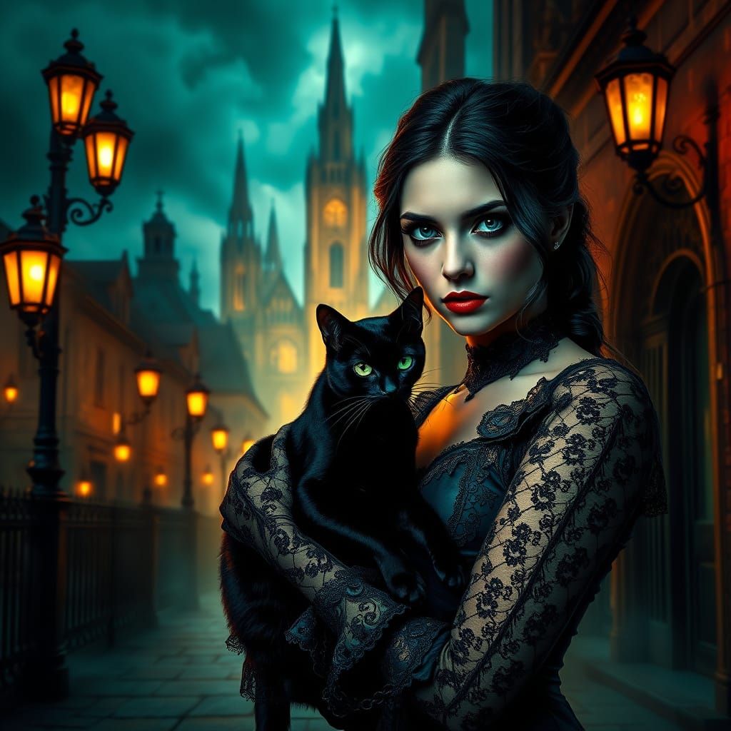 Gothic Beauty and Feline Companion in a Mystical, Art Nouvea...