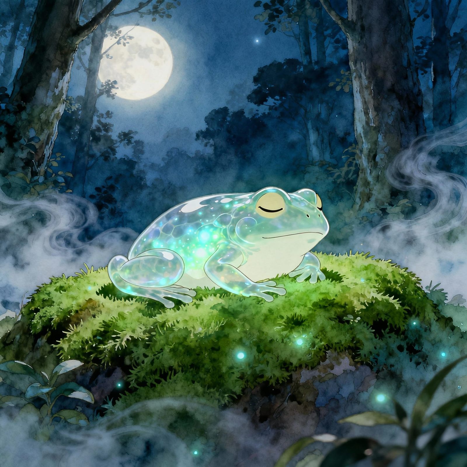 Bioluminescent Frog in Moonlit Forest Clearing