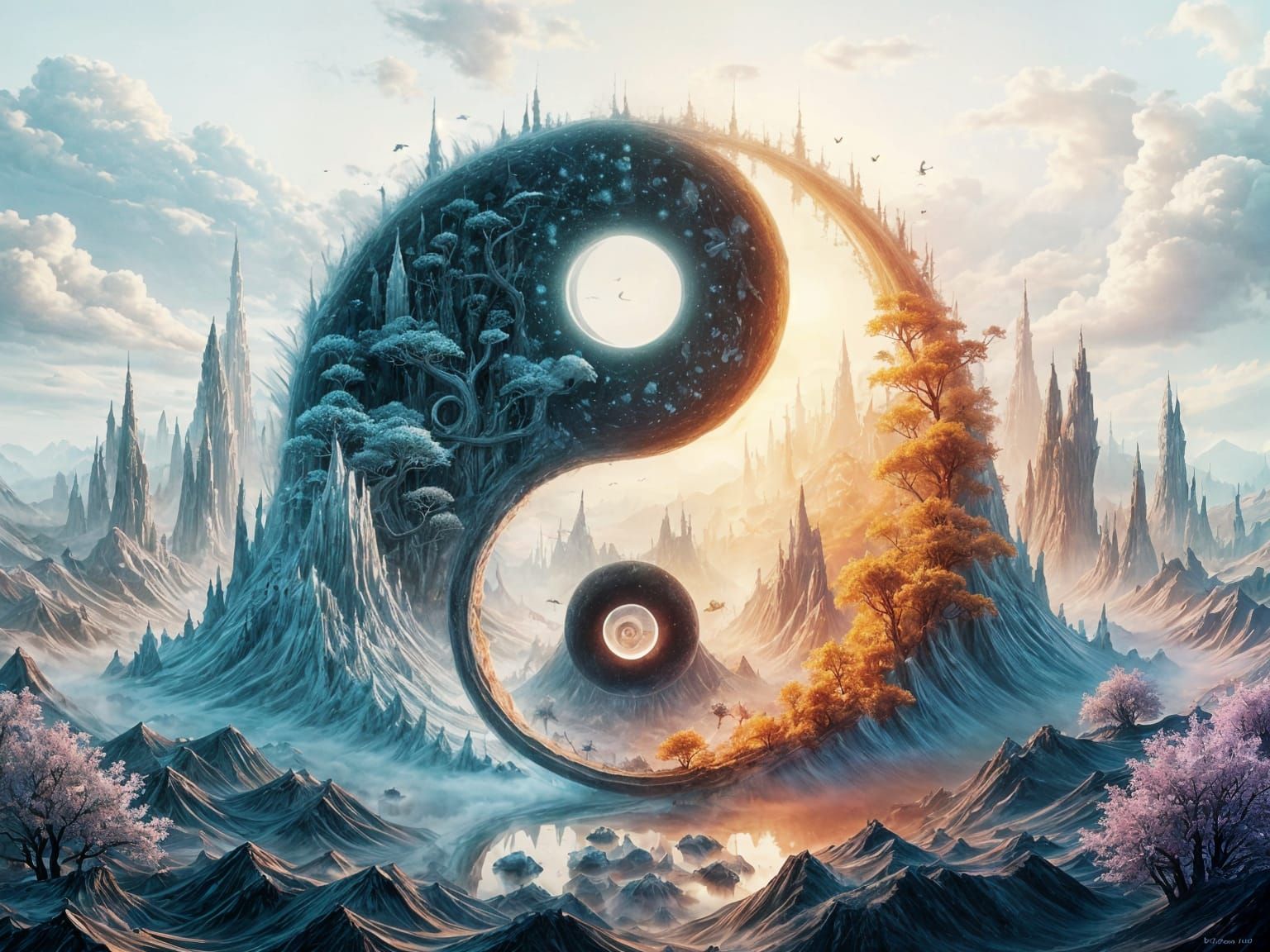 Breathtaking Yin Yang Landscape in Pastel Watercolor