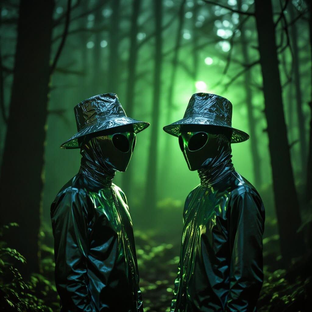 Two Aliens in Tinfoil Hats in Eerie Forest