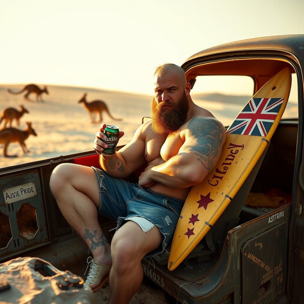 Surreal Aussie Bodybuilder in a Sun-Drenched Beachside Setti...