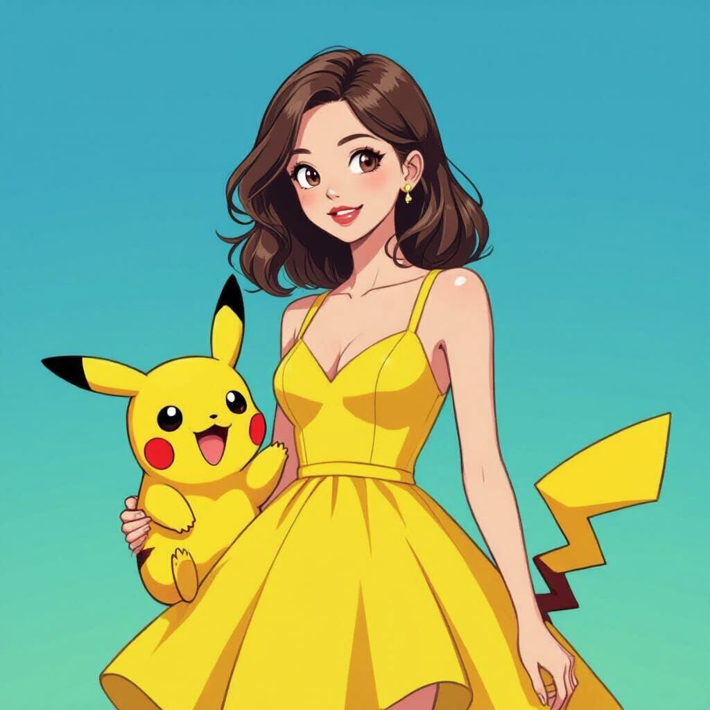 Brunette and Pikachu in Pop Art Style