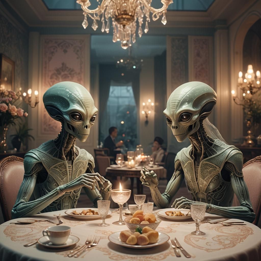 Aliens Fine Dining in a Luxurious Restaurant