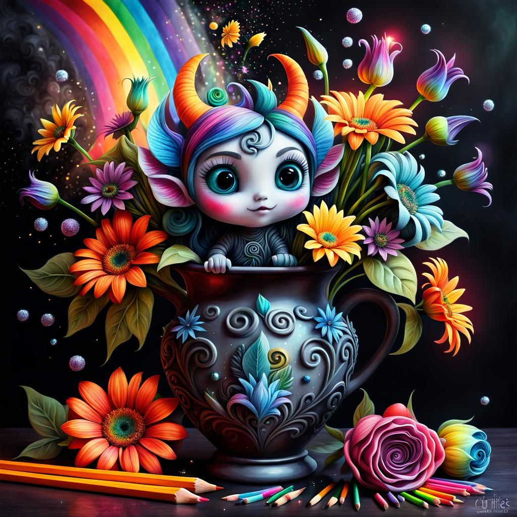 Whimsical Flower Demon with Broken Vase in 3D