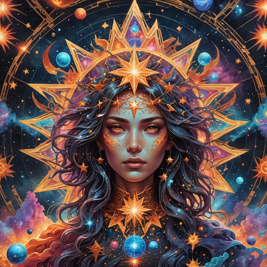 Holographic Star Fires: Cosmic Mixed Media Illustration