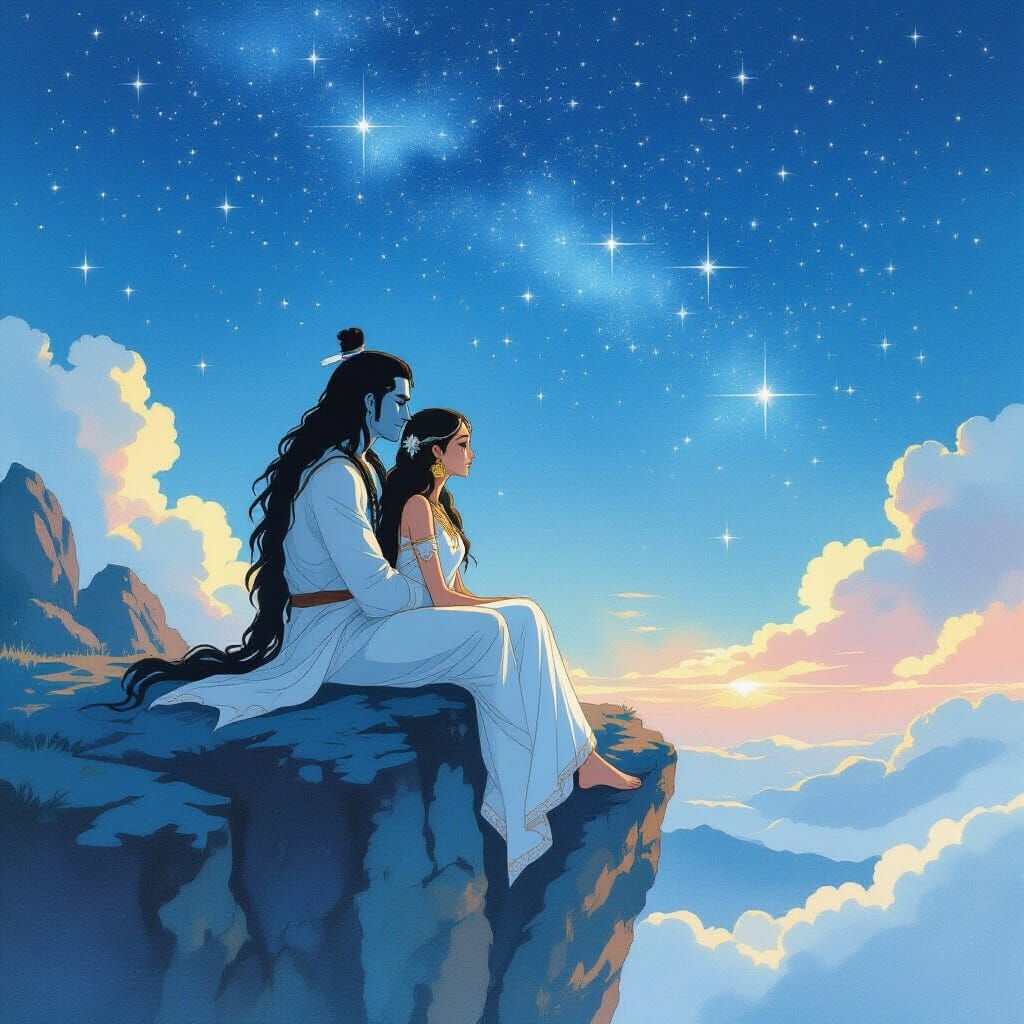 Shiva and Parvati Stargazing in Ghibli Style