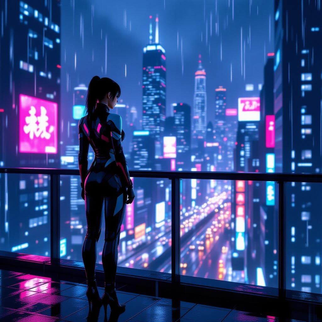 Cyberpunk Cityscape: Woman in Futuristic Suit on Balcony