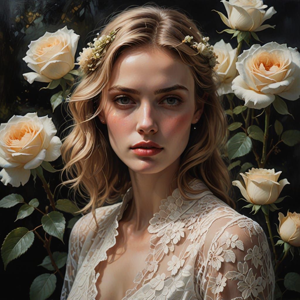 Lady in Lace Portrait in Warm and Soft Oil Painting Style