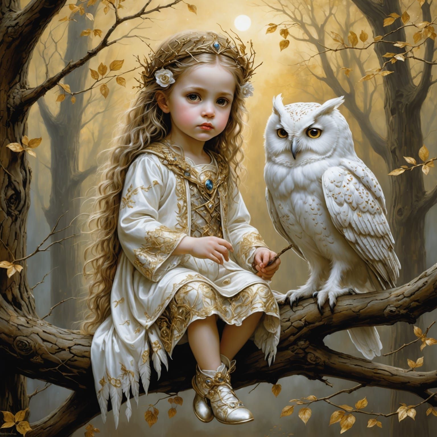 Toddler with Owl on Golden Branch, Digital Art