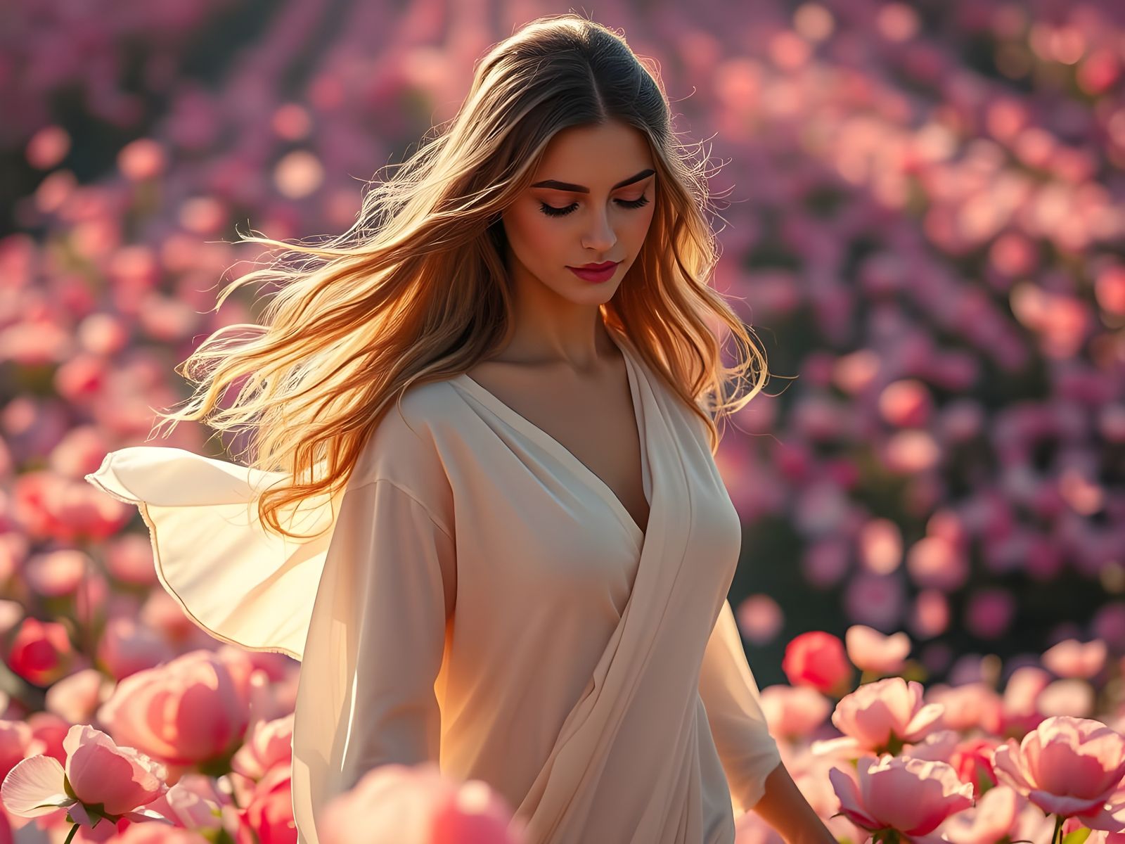 Ethereal Goddess Embracing the Beauty of Roses in Hyperreali...