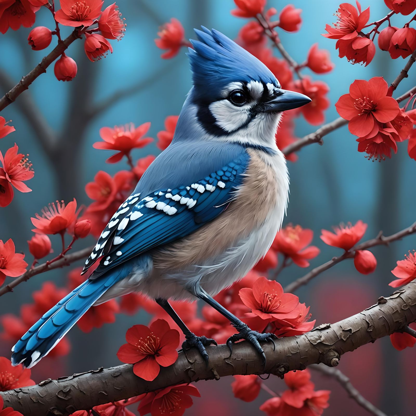Chibi Blue Jay with Red Blossoms